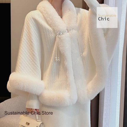 Korean style thick cloak shawl with cheongsam women's autumn and winter fur collar plus velvet to keep warm Chinese cardigan.