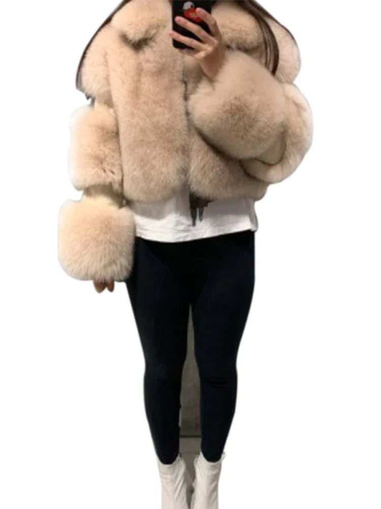 ZADORIN Winter Cropped Jacket Women Turn Down Collar Furry Faux Fox Fur Coat Woman Long Sleeve Thick Warm Fluffy Fur Jacket Tops