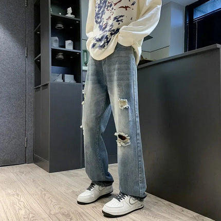 New vintage casual loose fit men's jeans with high street style straight leg denim pants for teenagers, torn knees and damaged PlatiNum