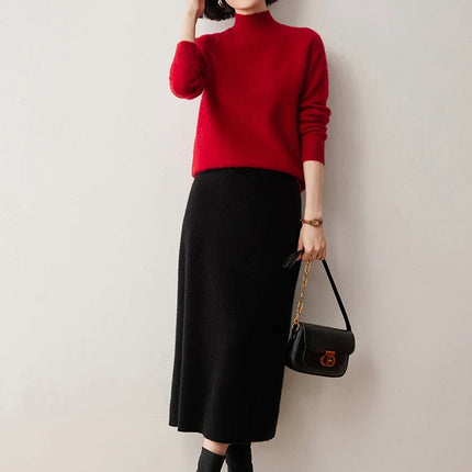 Women's 100% Cashmere Skirts Office Lady Autumn Winter Basic Fit Knitted High Waist Straight Skirt Graceful Long Warm Soft Dress PlatiNum