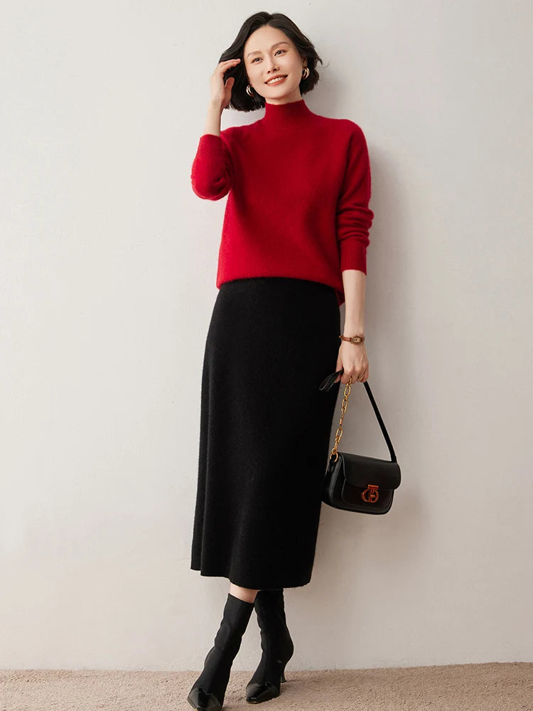 Women's 100% Cashmere Skirts Office Lady Autumn Winter Basic Fit Knitted High Waist Straight Skirt Graceful Long Warm Soft Dress PlatiNum