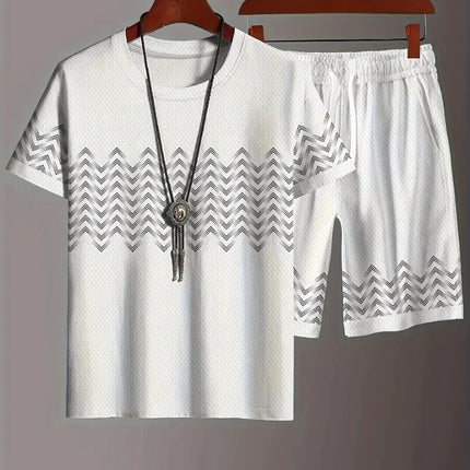 New Men's Two-Piece Suit Fashion Scottish Print Summer O-neck Short Sleeve Polo + Shorts Men's Two-Piece Set