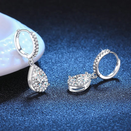 Classic 100% Real 1 Carat Pear Cut Moissanite Diamond Drop Earrings Women’s S925 Silver Earring Plated PT950 Fine Jewelry PlatiNum