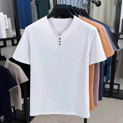 New Men's Casual and Fashionable Three Button V-neck Solid Color Short Sleeved T-shirt Summer Versatile Top PlatiNum