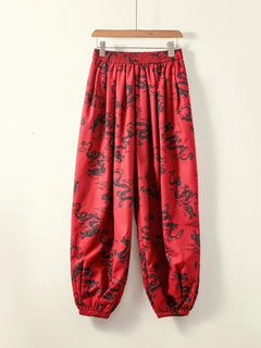 Pantaloni Lanterna da Uomo Stile Cinese Retrò Drago Rosso Casual Comodi Pantaloni Harun Moda Maschile Larghi a Gamba Larga Streetwear