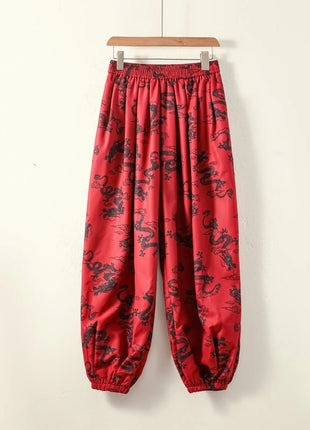 Men's Lantern Trousers Chinese Style Retro Red Dragon Casual Comfortable Harun Pants Men's Fashion Loose Wide Leg Streetwear