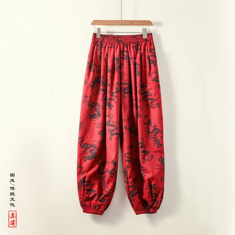 Pantaloni Lanterna da Uomo Stile Cinese Retrò Drago Rosso Casual Comodi Pantaloni Harun Moda Maschile Larghi a Gamba Larga Streetwear