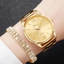 2 pezzi/set orologio al quarzo moda dorato orologio da polso e braccialetto minimalista con cinturino in acciaio, regali per le donne platinumshop