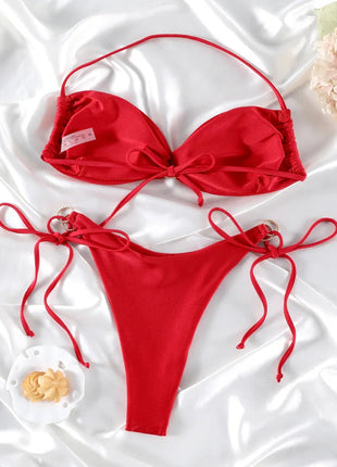 Set Bikini a Fascia da Donna con Pieghe, Costume da Bagno Sexy con Laccetti, Bikini Brasiliano con Bendaggio, Abbigliamento da Spiaggia platinumshop