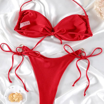 Set Bikini a Fascia da Donna con Pieghe, Costume da Bagno Sexy con Laccetti, Bikini Brasiliano con Bendaggio, Abbigliamento da Spiaggia platinumshop