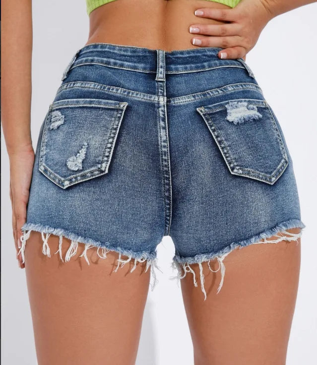 Ripped Raw Denim Shorts For Women Fashion A-line Hem Female Summer Hot Pants Streetwear Blue Clothing Skinny Sexy Retro Leisure PlatiNum