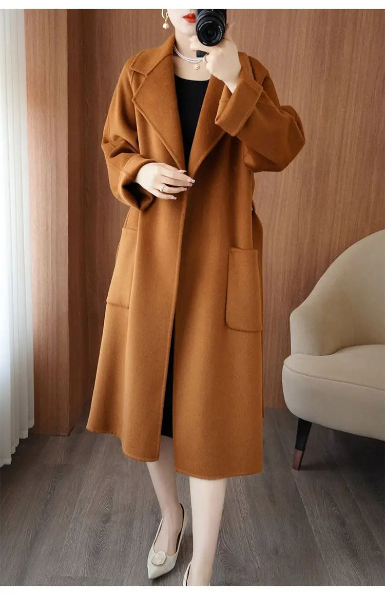 100% Wool Coat Women's Wear 2026 Autumn/Winter Fashion Temperament Double sided Cashmere Coats with Belt Elegant Long Overcoat
