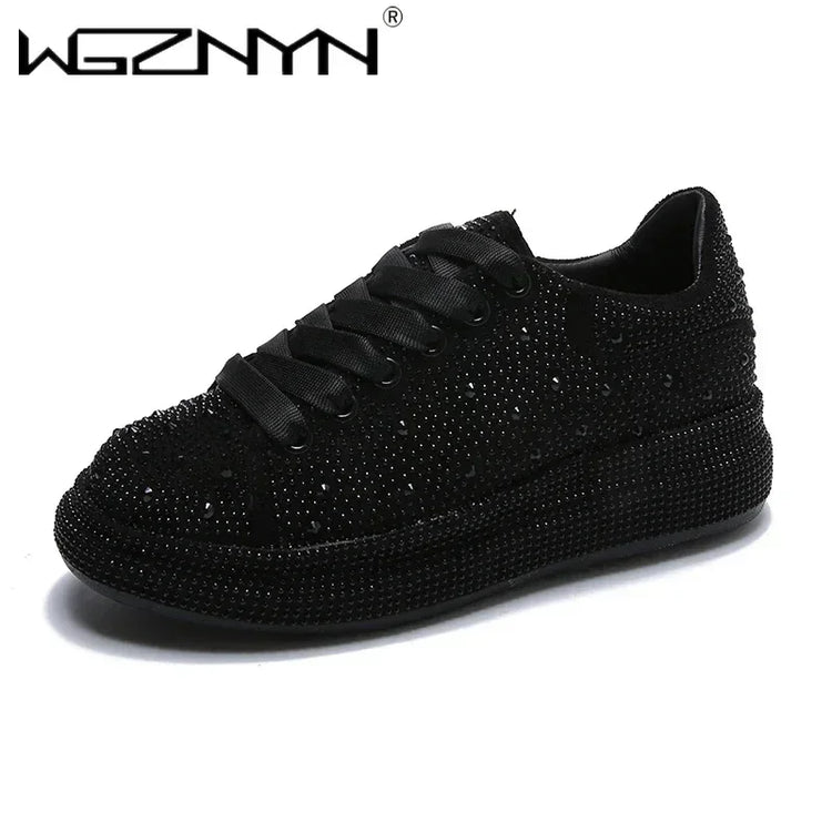 NEW Brand Women Fashion Casual Glitter Sparkling Sneakers Women Encrusted Lace Up Shoes White Sole Fashion Street Sneakers Shiny