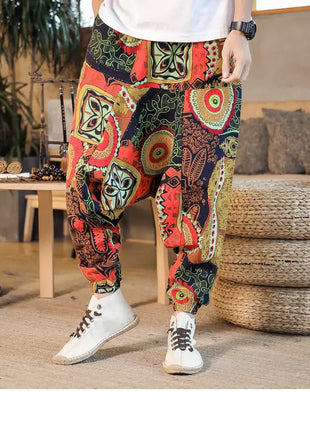 Pantaloni Harem da Uomo 2026 Stile Retrò con Stampa, Pantaloni Jogger Larghi e Comodi con Cavallo Ribassato, Stile Nepal Oversize, Pantaloni Casual da Uomo con Cavallo Ribassato