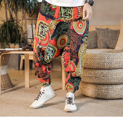 Pantaloni Harem da Uomo 2026 Stile Retrò con Stampa, Pantaloni Jogger Larghi e Comodi con Cavallo Ribassato, Stile Nepal Oversize, Pantaloni Casual da Uomo con Cavallo Ribassato