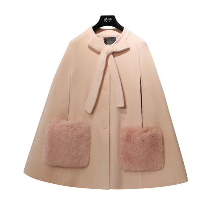 French Elegant Socialite Cape Jacket Plush Pocket Round Neck Bow Single-breasted Loose Versatile Woolen Cloak Coats Women Winter