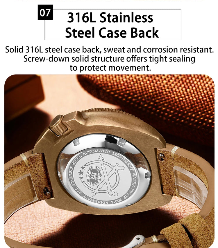 ADDIESDIVE CUSN8 Bronze Watch Men Automatic Wristwatch Calendar Sapphire Glass Luminous 20Bar Waterproof Diving Mechanical Watch