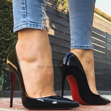 Tacchi a spillo in pelle verniciata nuda Tacchi alti Punta a punta rossa / nera 8/10 / 12CM Décolleté di grandi dimensioni Scarpe da festa chic di design di lusso