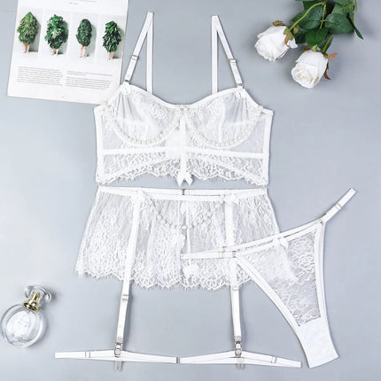 Sexy Erotic Womens Western Style Handmade Pearl 4 Piece Set Sensual See Through Lace Alluring Bowknot Attractive Breathable Set