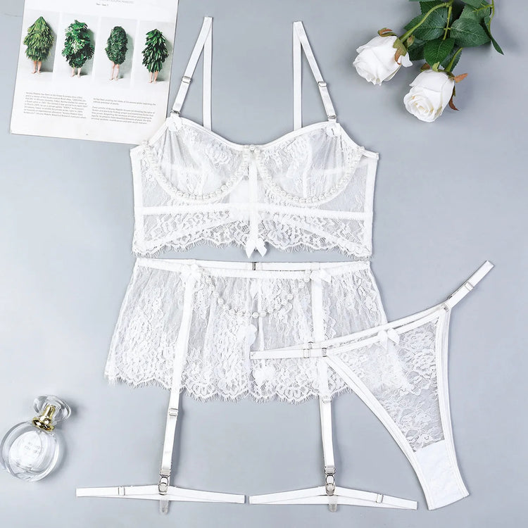 Sexy Erotic Womens Western Style Handmade Pearl 4 Piece Set Sensual See Through Lace Alluring Bowknot Attractive Breathable Set