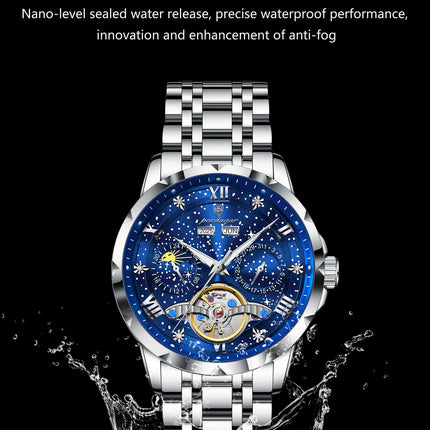 POEDAGAR Top Orologio da uomo originale Orologio meccanico automatico da uomo in acciaio inossidabile Calendario Hollow Tourbillon Orologio da uomo Maschio + scatola platinumshop