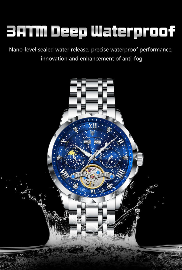 POEDAGAR Top Orologio da uomo originale Orologio meccanico automatico da uomo in acciaio inossidabile Calendario Hollow Tourbillon Orologio da uomo Maschio + scatola platinumshop