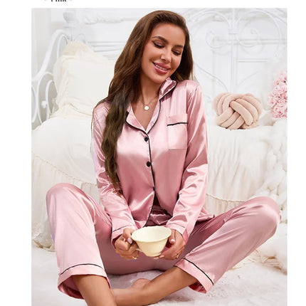 Pijama de mujer de otoño lujoso pijama de manga larga de satén liso elegante cuello con solapa top y pantalones largos ropa de dormir y pijama