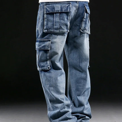 Wide Leg Pant Distressed Cargo Jean Men Jeans Washed Denim Patchwork Solid Full Length Pants Loose Pockets High Street 2025 PlatiNum