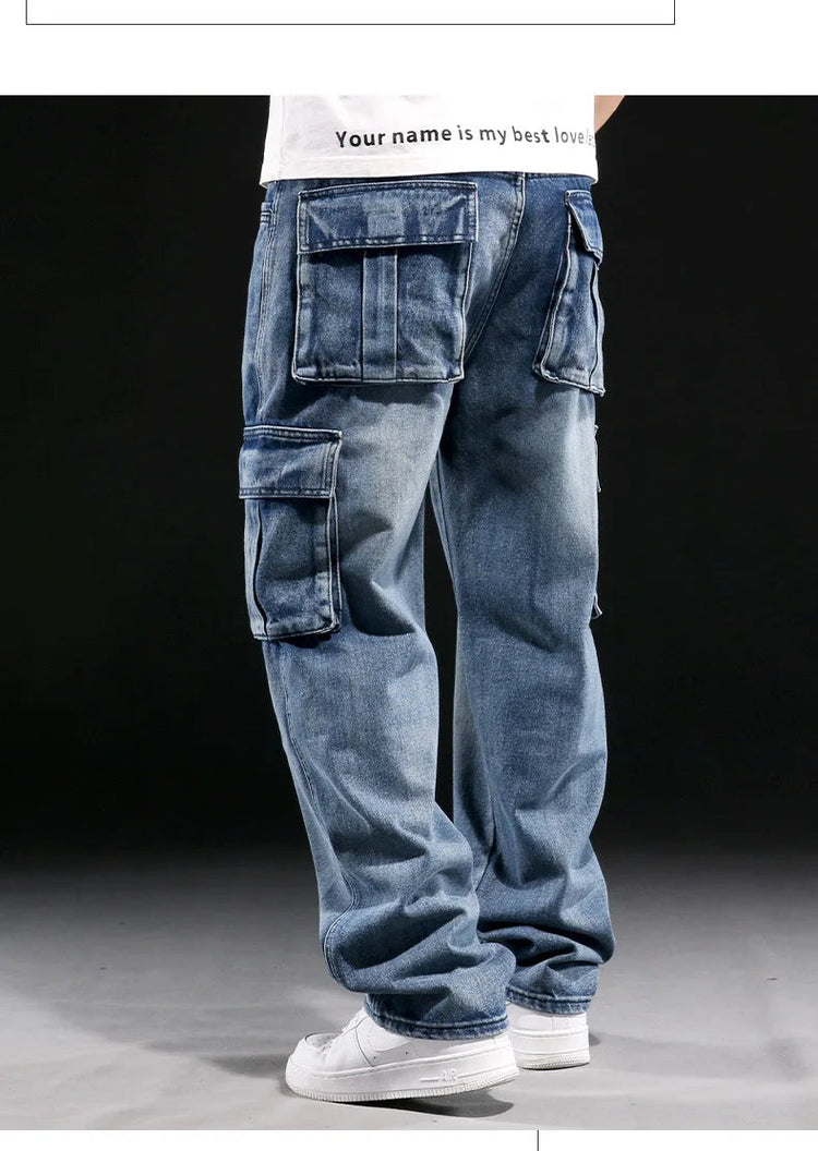 Wide Leg Pant Distressed Cargo Jean Men Jeans Washed Denim Patchwork Solid Full Length Pants Loose Pockets High Street 2025 PlatiNum