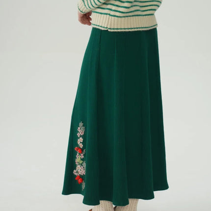 62-96cm Waist Fall Winter Long Skirts Women Elegant Handmade Embriodery Crochet Red Fruit Cashmere Wool Knitted Emerald Skirts PlatiNum