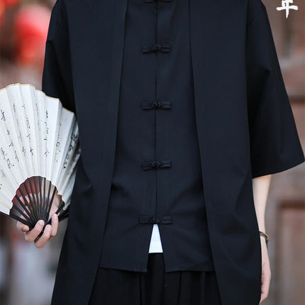 Camicia cinese da uomo in seta di ghiaccio stile cinese comoda camicia retrò traspirante da uomo casual estiva vestibilità ampia moda tinta unita