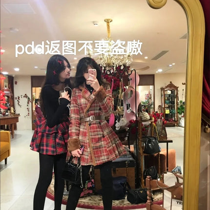 Women's Double Breasted Plaid Coat, Woolen Jacket , V-Neck, Loose Tops, Female Clothes, Sweet, New, Autumn, Winter