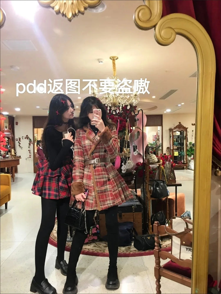 Women's Double Breasted Plaid Coat, Woolen Jacket , V-Neck, Loose Tops, Female Clothes, Sweet, New, Autumn, Winter