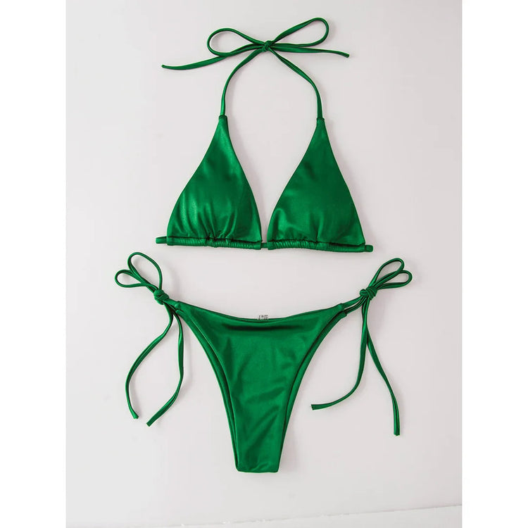 Sexy 13 colori Halter Satin Bikini brasiliano Donna Costumi da bagno Costume da bagno femminile Bikini a due pezzi Bagnante Costume da bagno Swim V4966 platinumshop