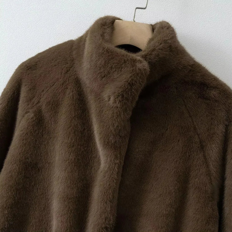 Women's Brown Plush Faux Fur Coat Funnel Neck Drawstring Waist Mid-Length Thick Winter Warm Elegant Luxe Chic Outerwear