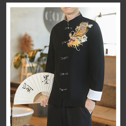 Camicie da Uomo a Maniche Lunghe in Stile Cinese, Ricamate, per Kung Fu e Tai Chi, Cardigan Retrò in Lino, Abito Tradizionale Tang, Top Tradizionale da Uomo