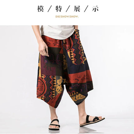 Pantaloncini Estivi Harajuku Larghi con Stampa, Traspiranti, Casual, Lunghezza al Polpaccio, Nuovi Pantaloni da Uomo in Cotone e Lino Oversize Stile Lanterna