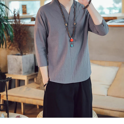 Kimono da uomo in stile giapponese corto a mezza manica in cotone traspirante camicia da uomo T-shirt giapponese estiva Yukata cardigan lavorato a maglia con piume