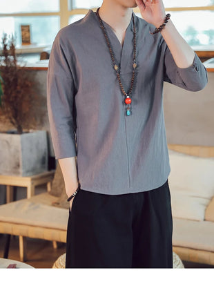 Kimono estivo stile giapponese manica corta uomo nuovo cotone a mezza manica lino traspirante abbigliamento uomo t-shirt giapponese Yukata top