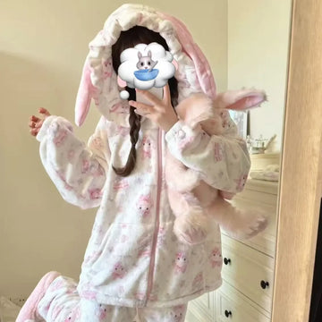 New Autumn Winter Pajamas Pants Sets Flannel Homewear 2Pcs Kawaii Cartoon Women's Coral Fleece Outdoors Home Clothes Warm Suit