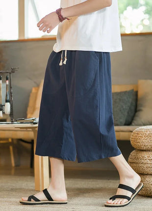 Pantaloni di lino da uomo in stile cinese Pantaloni a gamba larga da uomo con cavallo basso Pantaloni da uomo HipHop Pantaloni al polpaccio Pantaloni da pista Streetwear