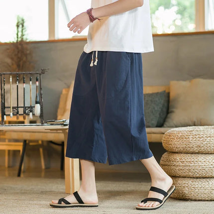Pantaloni di lino da uomo in stile cinese Pantaloni a gamba larga da uomo con cavallo basso Pantaloni da uomo HipHop Pantaloni al polpaccio Pantaloni da pista Streetwear