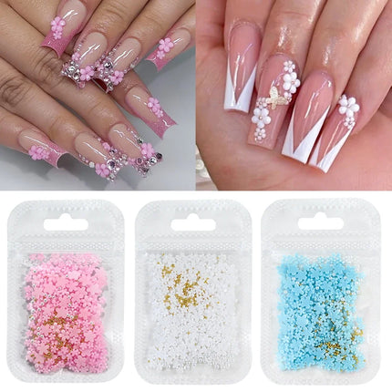 1box 3D Flower Bow Nail Art Decorations Kit Pink/White Acrylic Floral/Peal Beads Nail Charm with Wax Pen/Tweezer 4/6mm Nail Part Nail
