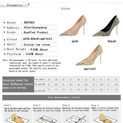 BIGTREE Scarpe Tomaia per scarpe con strass Décolleté da donna Tacchi a spillo 9,5 cm Punta a punta in metallo Tacchi alti Décolleté in cristallo di lusso Lady platinumshop