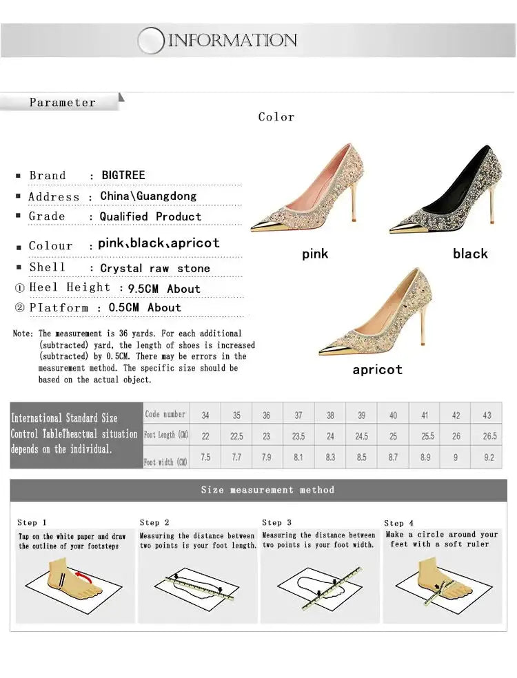 BIGTREE Scarpe Tomaia per scarpe con strass Décolleté da donna Tacchi a spillo 9,5 cm Punta a punta in metallo Tacchi alti Décolleté in cristallo di lusso Lady platinumshop