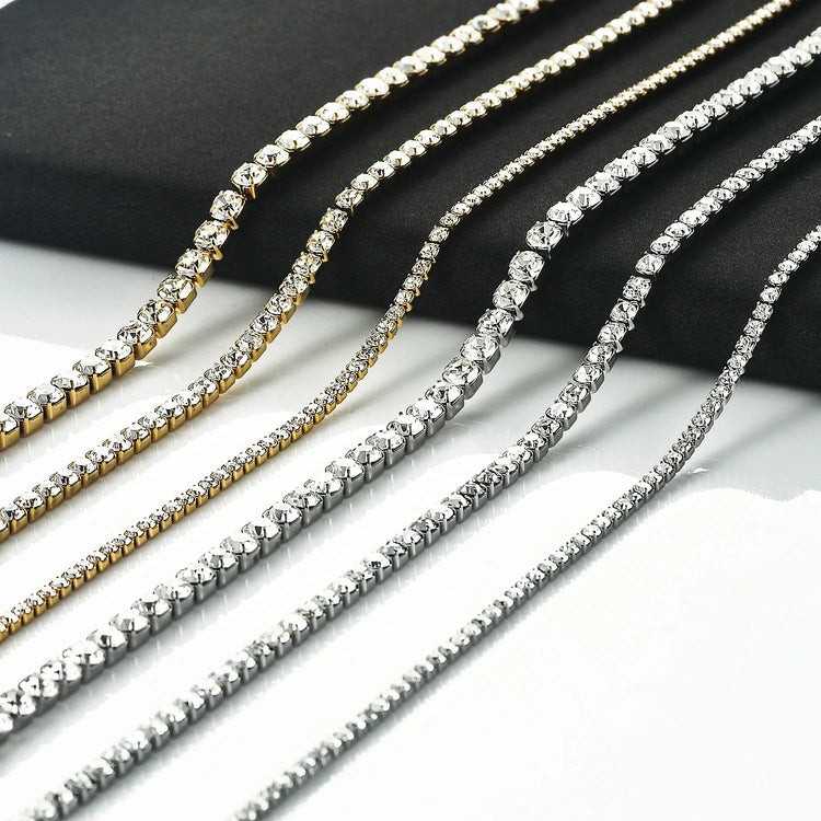 Stainless Steel Shiny Necklace For Men Women Gold Silver Color  Width 2/3/4MM Choker Necklaces With Rhinestones Jewelry Gifts PlatiNum