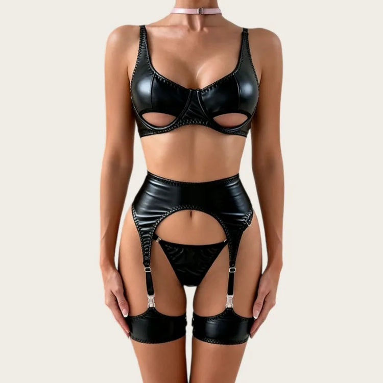 Seductive Latex Leather Women's Lingerie Sets Tempted Pu Leather Cutout Bra Thong Garter Belts 4PC Ultra Hot Sexy Erotic Costume