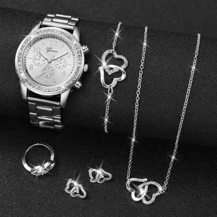 6 pezzi/set orologio da donna moda strass cinturino in acciaio inossidabile orologio al quarzo doppio cuore set di gioielli (senza scatola) platinumshop