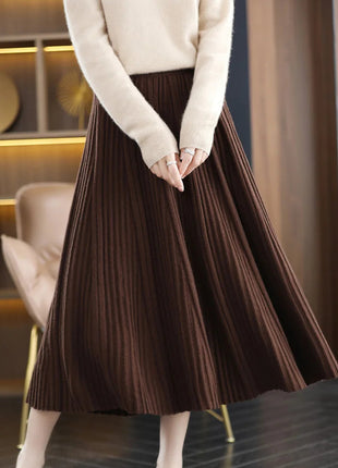 100% Merino Wool Women’s Knitted Skirt Spring Autumn Winter  Long Pleated Grace Skirts High Waist A-Line Cashmere Comfortable PlatiNum