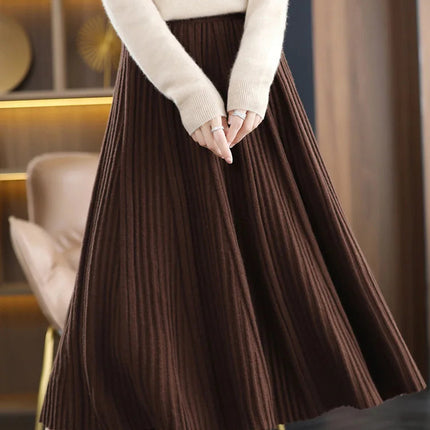 100% Merino Wool Women’s Knitted Skirt Spring Autumn Winter  Long Pleated Grace Skirts High Waist A-Line Cashmere Comfortable PlatiNum